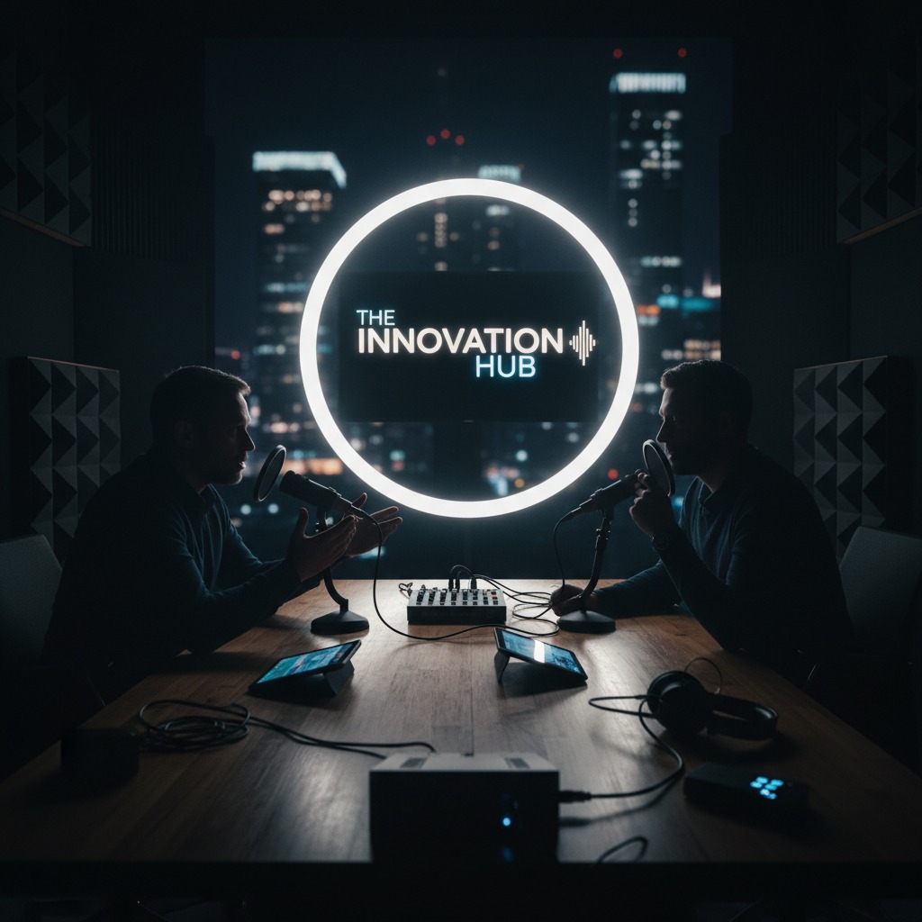 Two men sit across from each other at a wooden table in a podcast studio with a glowing circular light and city backdrop.