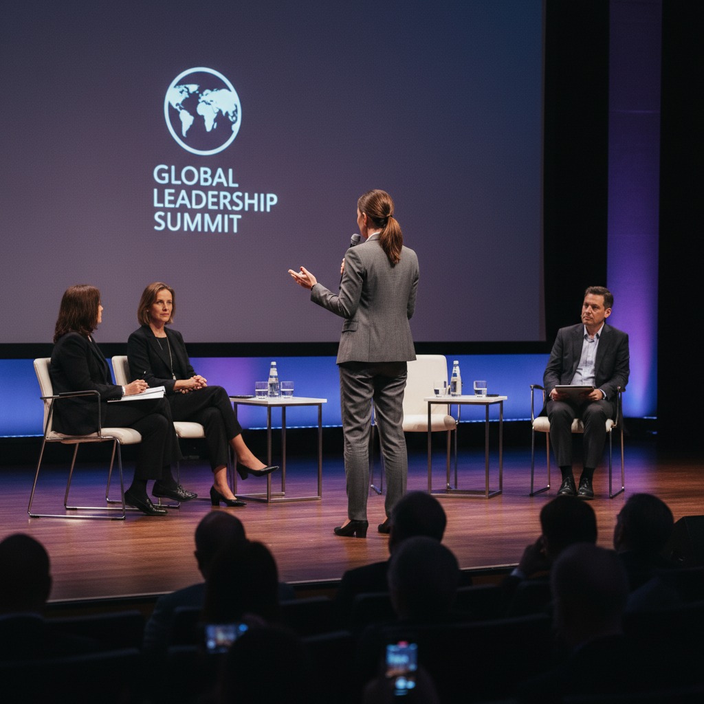 A woman in a grey suit speaks on a stage with three panelists seated behind her and an audience in the foreground.